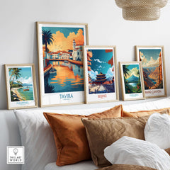 Tavira Sunset Poster, Portugal Travel Print, Algarve Wall Art displayed with other travel prints on a decorative wall.