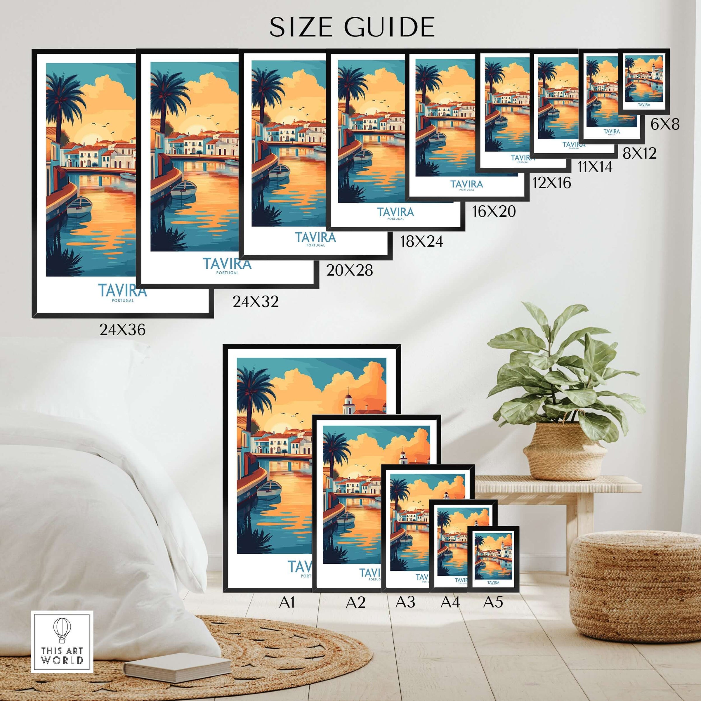 Tavira Sunset Poster, Portugal Travel Print, Algarve Wall Art size guide showing available print sizes.