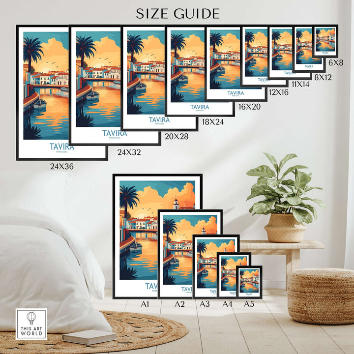 Size guide for Tavira Sunset poster prints showcasing various dimensions displayed in a cozy room setting.