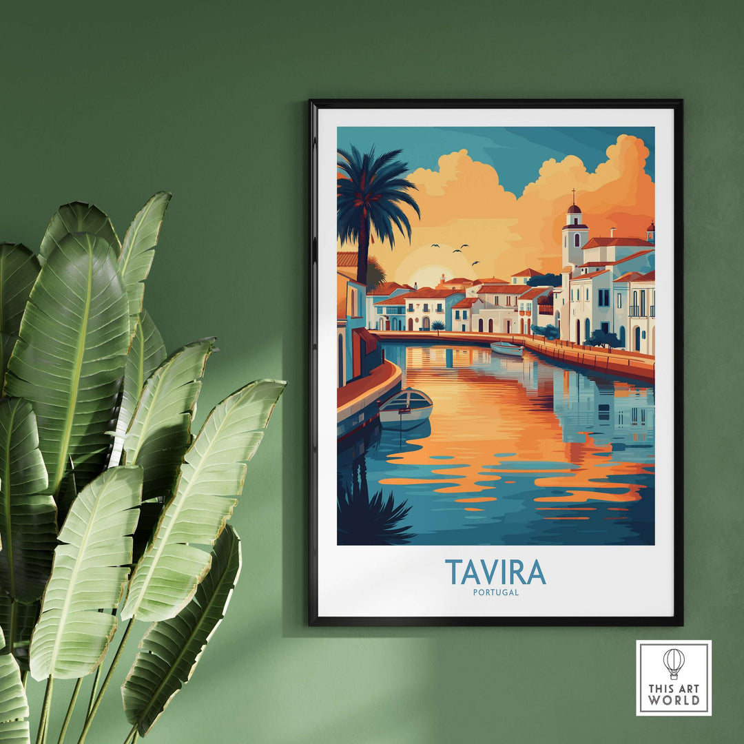 Tavira sunset poster showcasing Portugal's coast with vibrant colors, perfect for Algarve wall art.