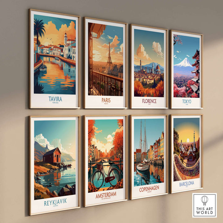 Gallery of travel posters featuring Tavira, Paris, Florence, Tokyo, Reykjavik, Amsterdam, Copenhagen, and Barcelona.