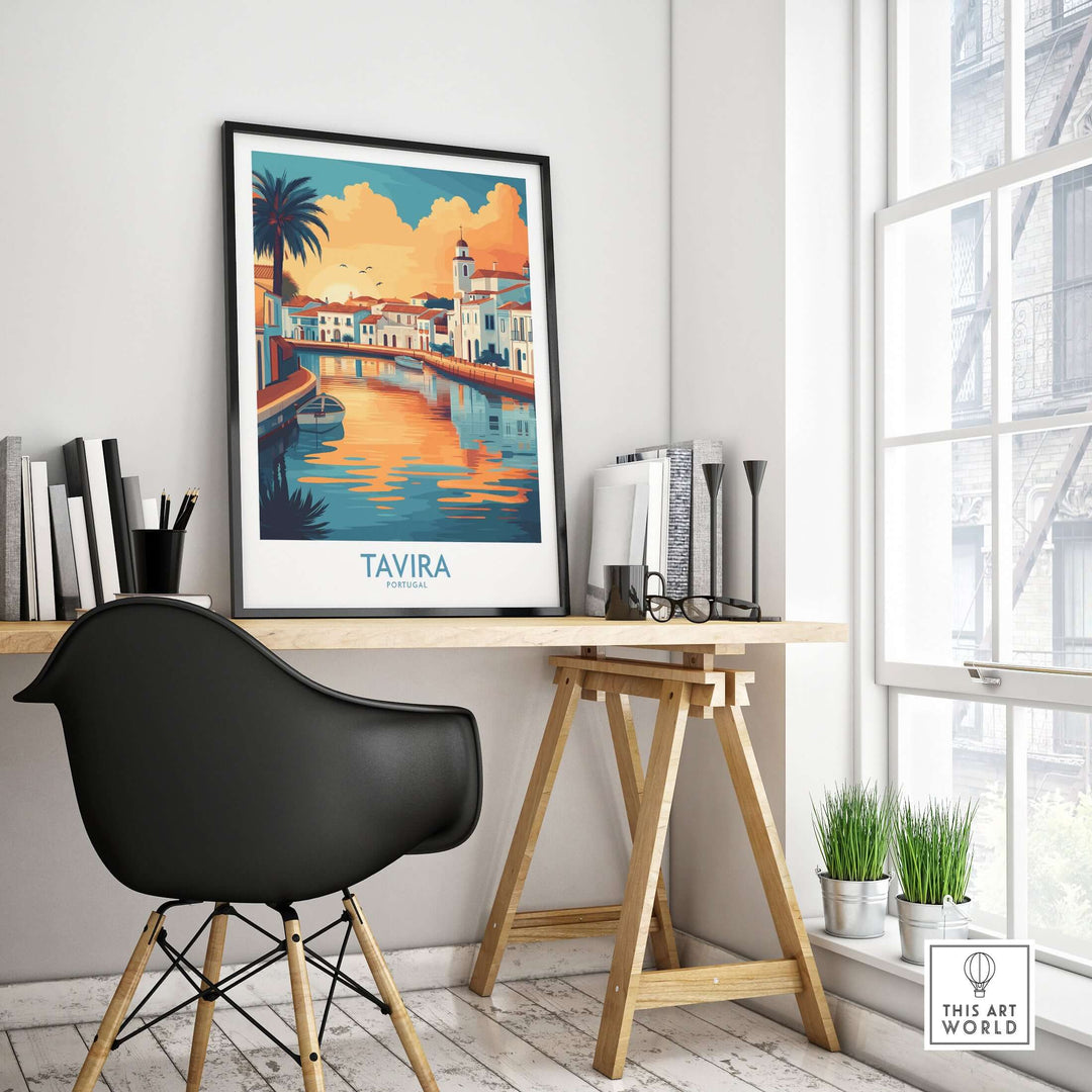 Tavira sunset poster gracing a sleek desk in a modern room, showcasing vibrant Algarve landscape art.