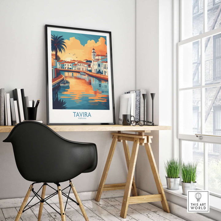 Tavira sunset poster gracing a sleek desk in a modern room, showcasing vibrant Algarve landscape art.