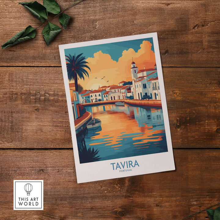 Tavira Sunset poster showcasing vibrant sunset over Algarve's coast, perfect for travel lovers and wall decor.