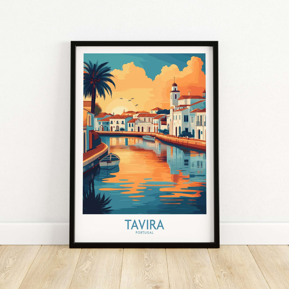 Tavira Sunset poster featuring vibrant colors over Portugal's canals and buildings, perfect for travel enthusiasts.