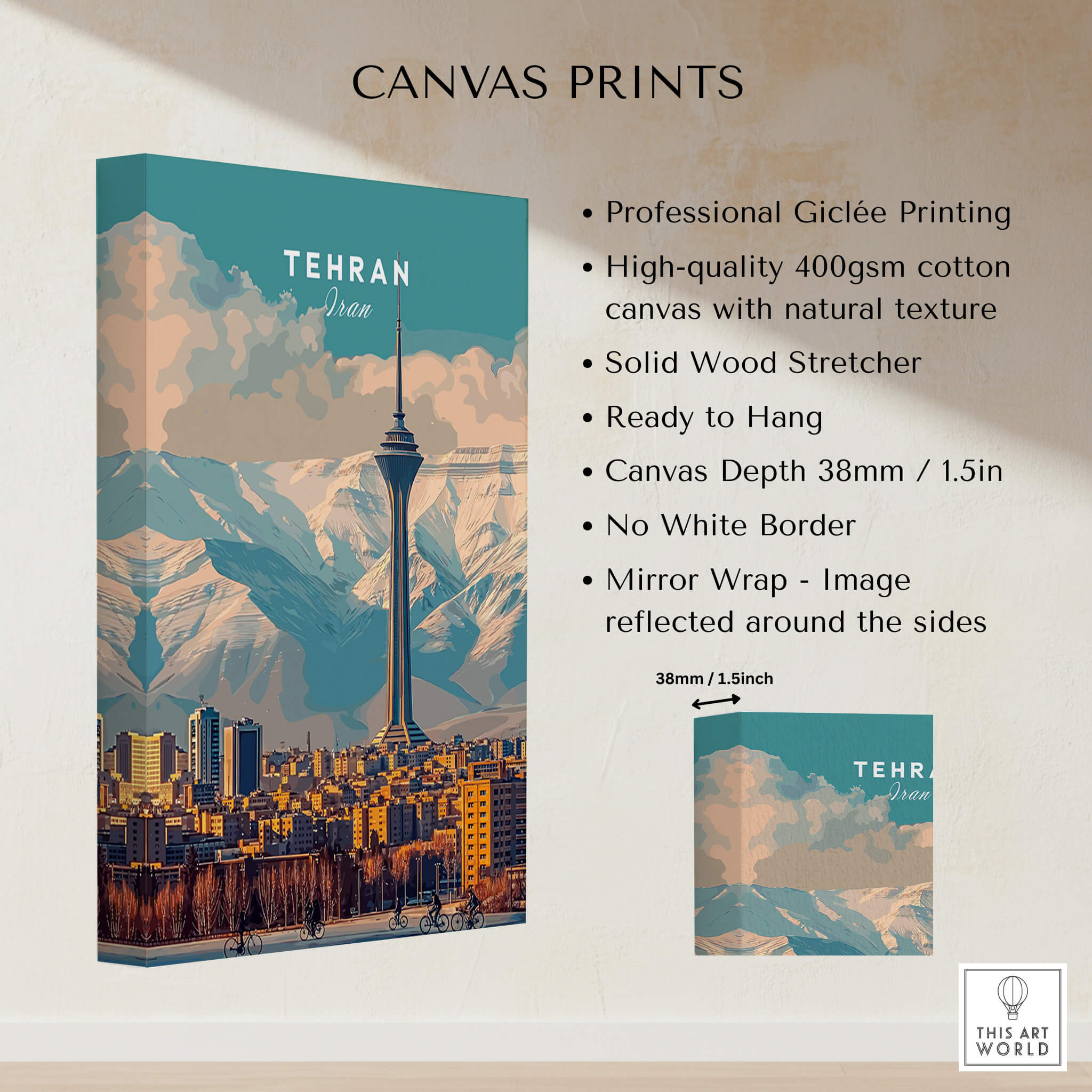 Tehran Wall Art Print | Milad Tower Cityscape Travel Poster showcasing high-quality giclée canvas print.