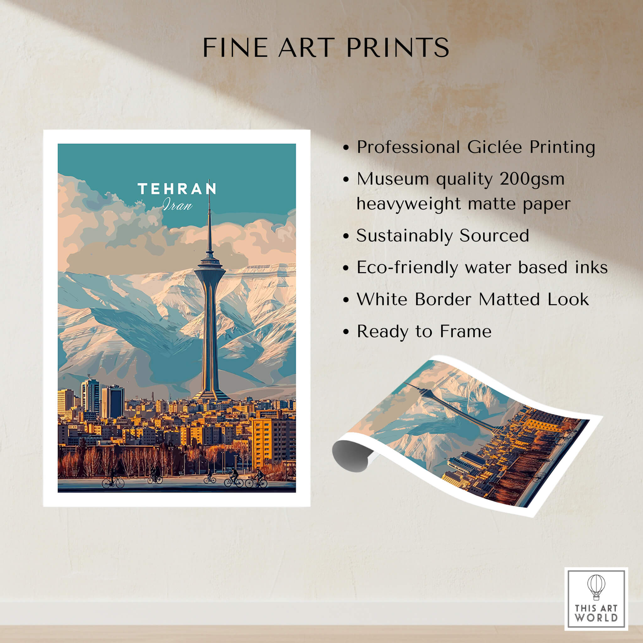 Tehran Wall Art Print | Milad Tower Cityscape Travel Poster showcasing the Milad Tower and cityscape.