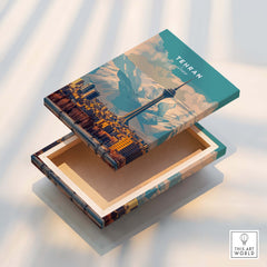 Tehran Wall Art Print | Milad Tower Cityscape Travel Poster design on a decorative box showcasing the skyline.