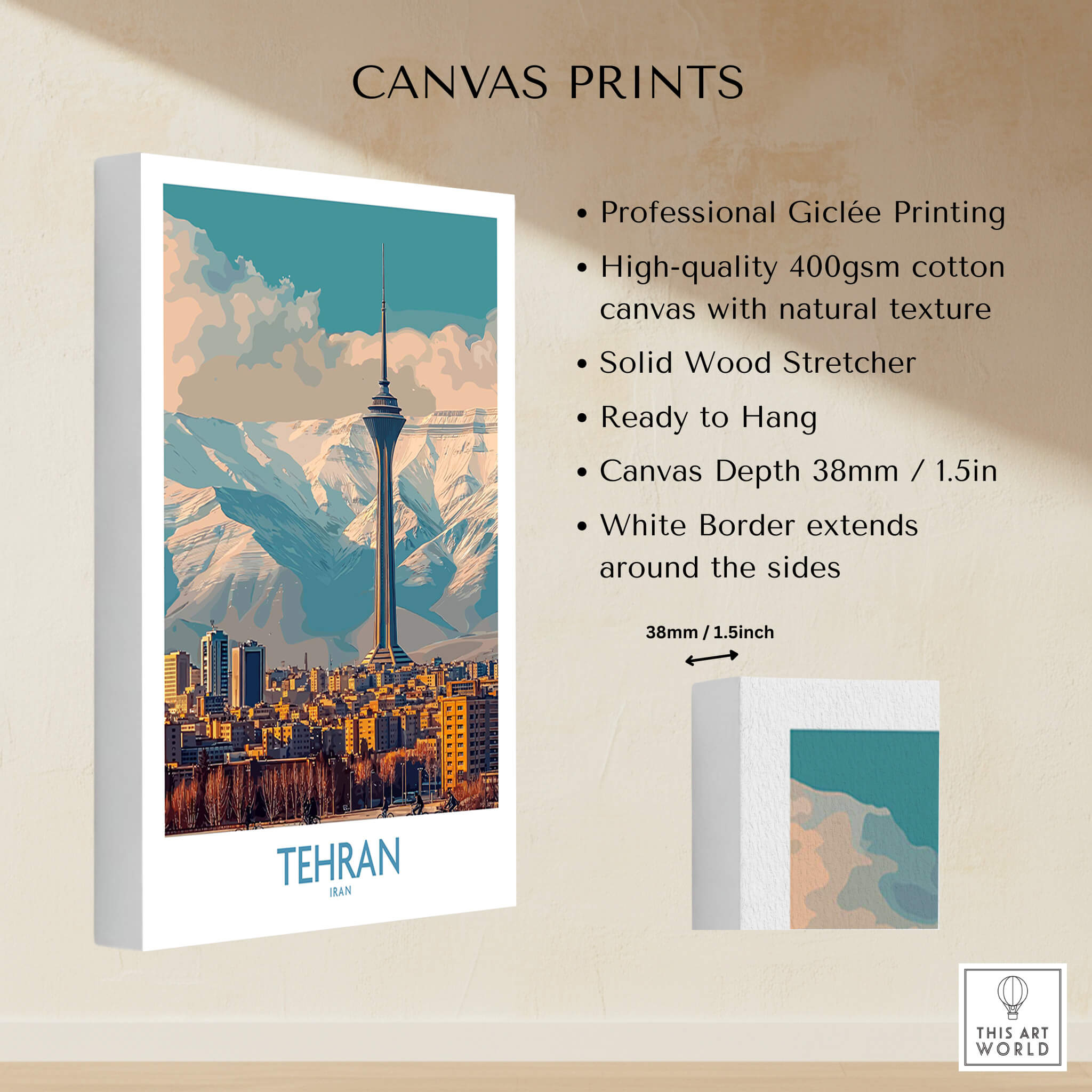 Tehran Poster | Iran Canvas Print showcasing urban landscape and mountains with vibrant colors.
