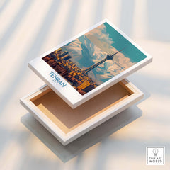 Tehran Poster | Iran Canvas Print showcasing a cityscape with modern and traditional architecture in vibrant colors.