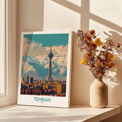 Tehran Poster | Iran Canvas Print showcasing the city skyline with mountains and a vase of flowers.