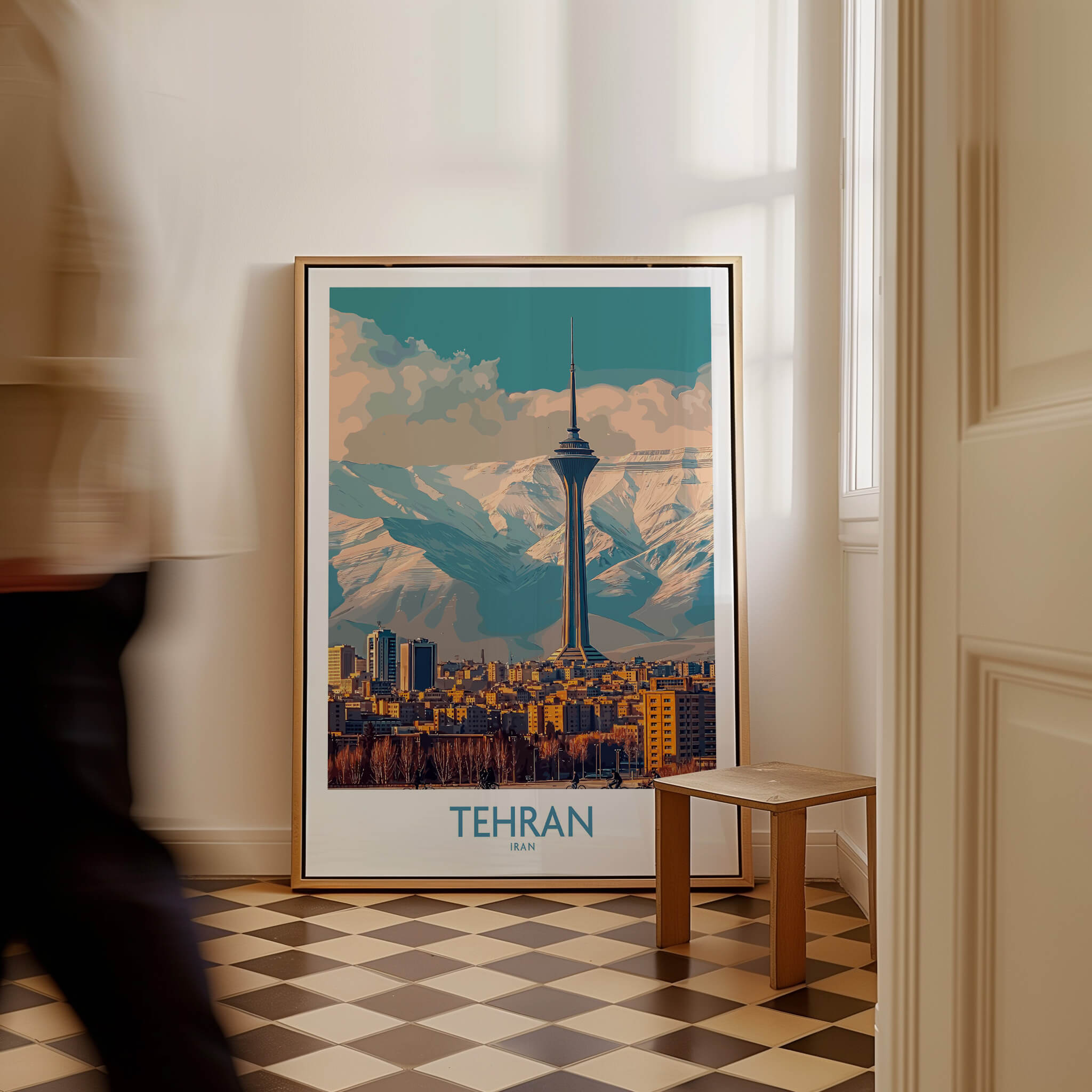 Tehran Poster | Iran Canvas Print featuring a cityscape with mountains and modern architecture.