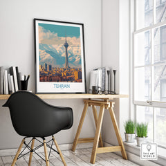 Tehran Poster | Iran Canvas Print featuring the iconic Azadi Tower in a modern workspace with a chic black chair.