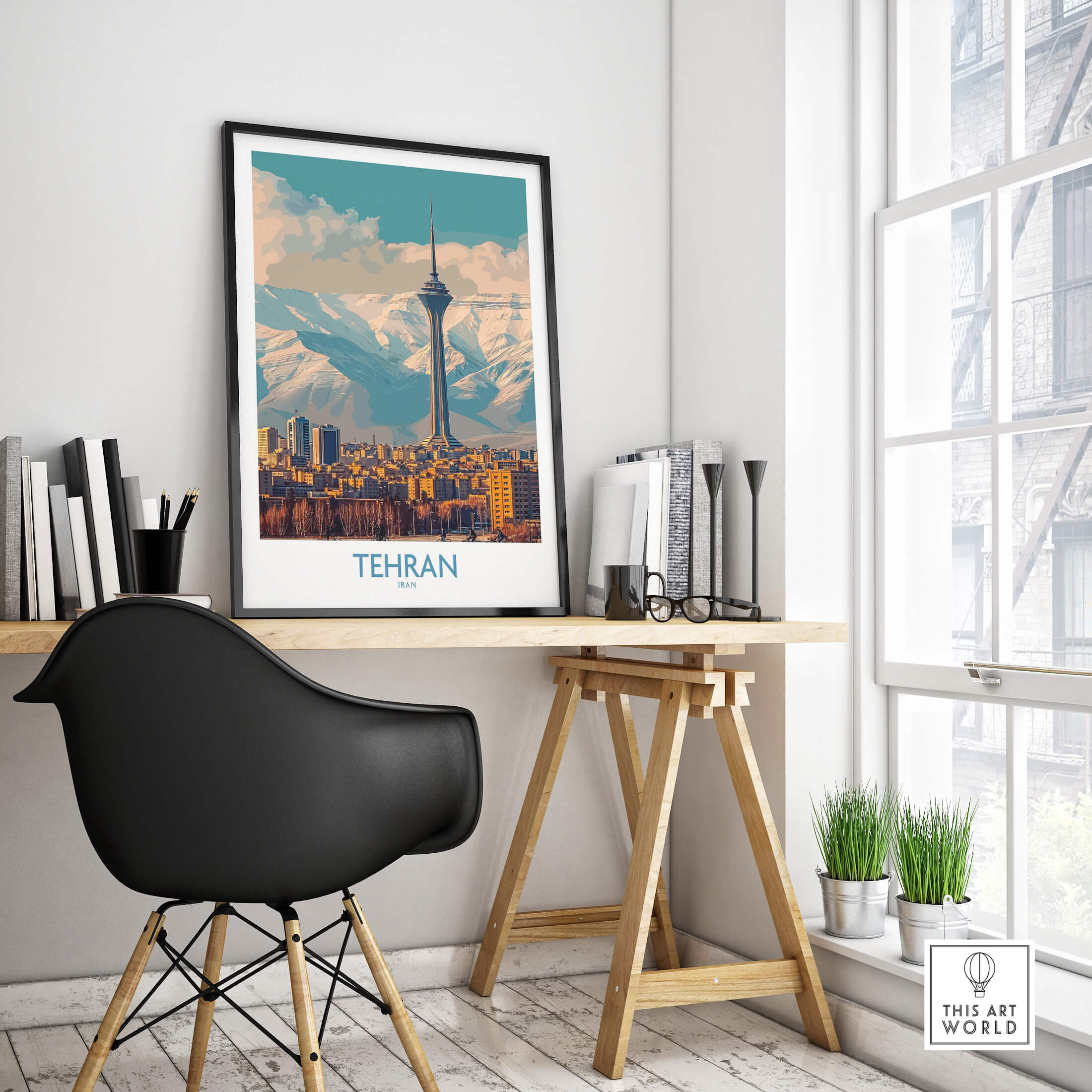 Tehran Poster | Iran Canvas Print featuring the iconic Azadi Tower in a modern workspace with a chic black chair.