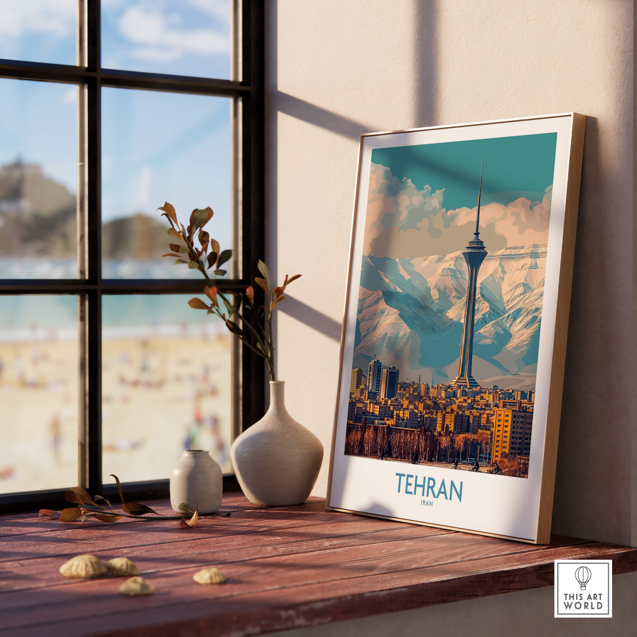 Tehran Poster | Iran Canvas Print showcasing the city skyline and mountains, enhancing any decor with a touch of Persian culture.