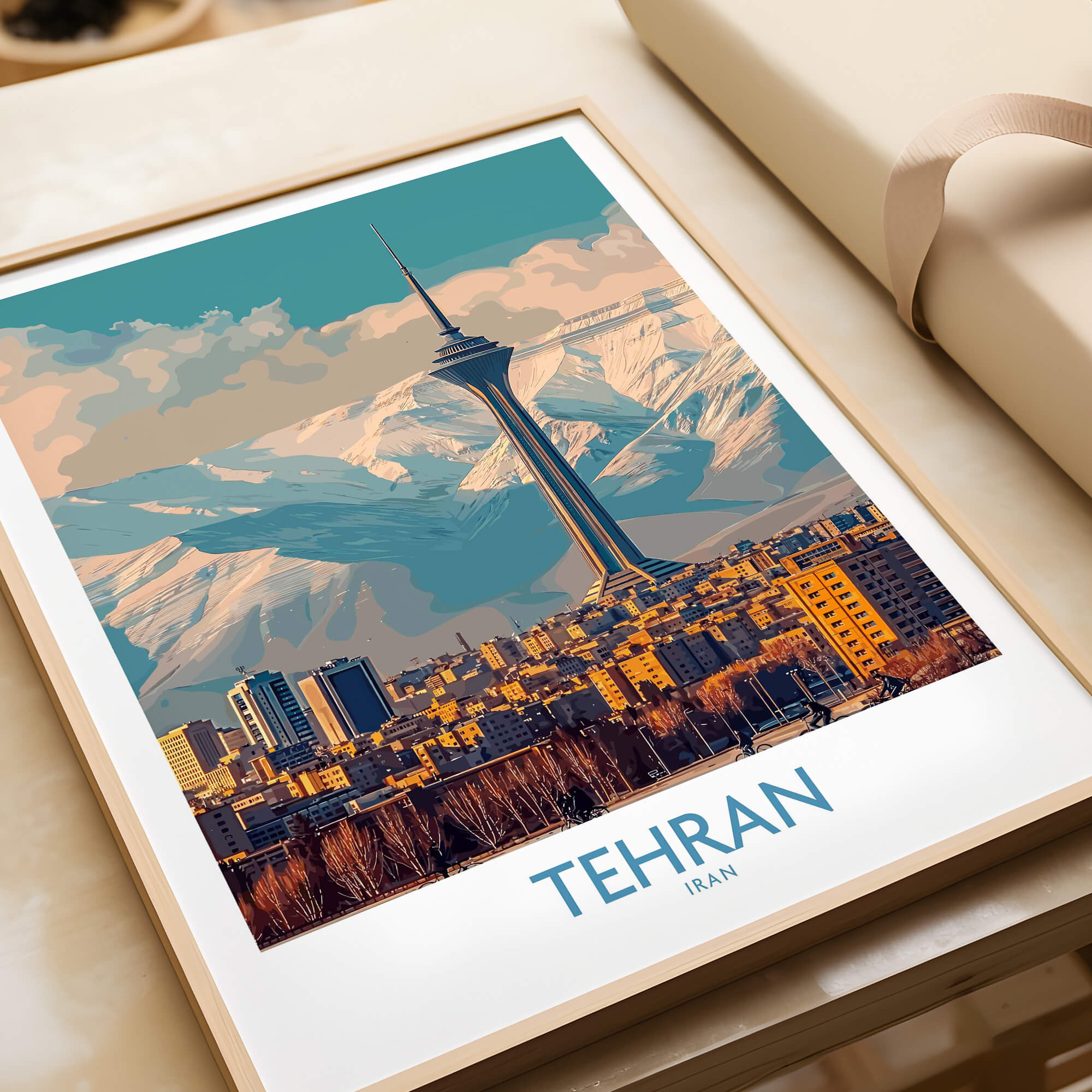 Tehran Poster | Iran Canvas Print showcasing the iconic Milad Tower with mountains in the background.
