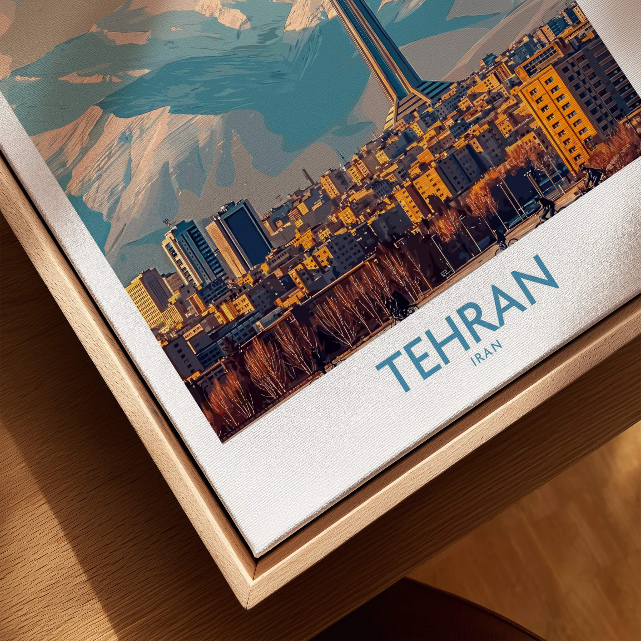 Tehran Poster | Iran Canvas Print showcasing vibrant Tehran cityscape with mountains in the background.