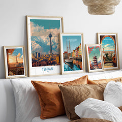 Tehran Poster | Iran Canvas Print featuring a cityscape with modern and traditional architecture.