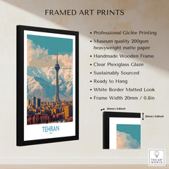 Tehran Poster | Iran Canvas Print featuring a framed cityscape artwork of Tehran with mountain backdrop.