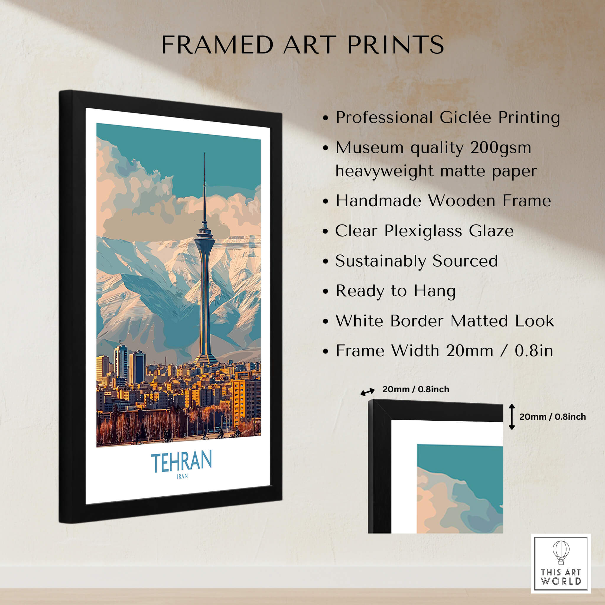 Tehran Poster | Iran Canvas Print featuring a framed cityscape artwork of Tehran with mountain backdrop.