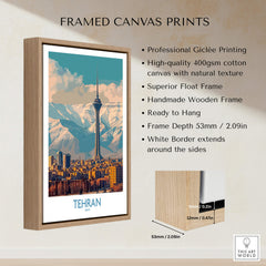 Tehran Poster | Iran Canvas Print framed with high-quality Giclée printing and natural texture in a wooden frame.