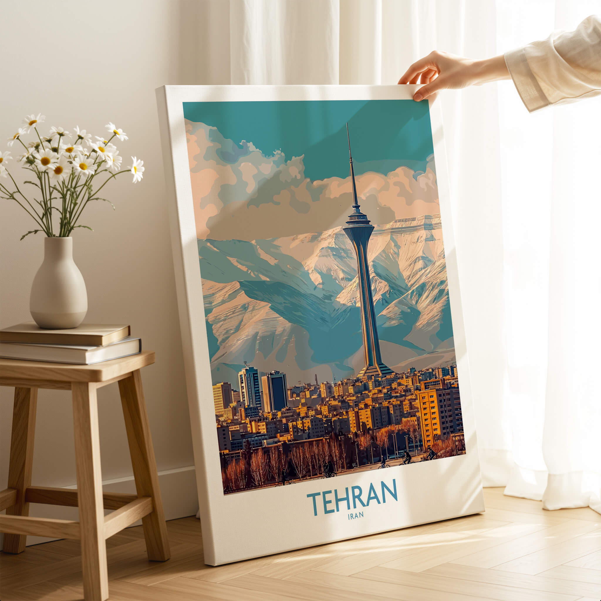 Tehran Poster | Iran Canvas Print featuring a stunning cityscape with mountains and urban skyline.