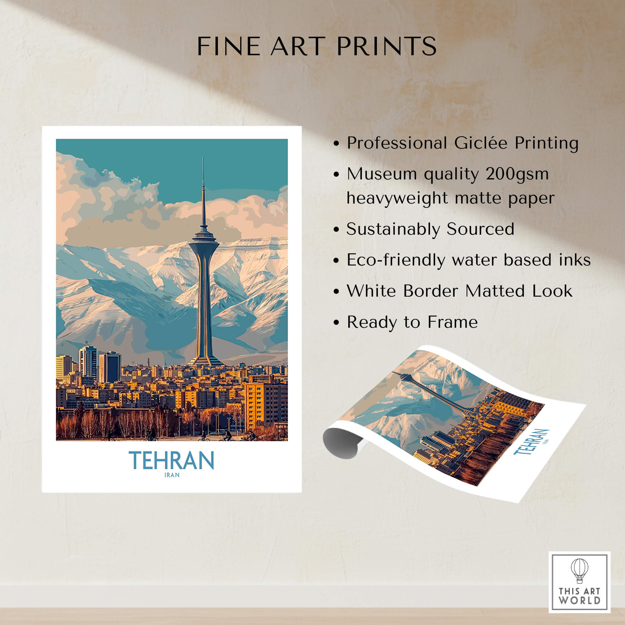 Tehran Poster | Iran Canvas Print featuring iconic skyline and mountains, perfect for art enthusiasts.