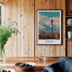 Tehran Poster | Iran Canvas Print framed in a cozy room highlighting Tehran's skyline and mountains.