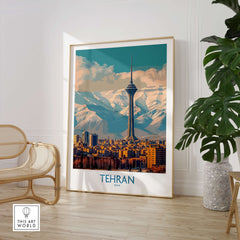 Tehran Poster | Iran Canvas Print featuring a stunning view of Tehran with mountains in the background.