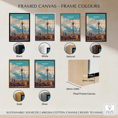 Tehran Wall Art Print | Milad Tower Cityscape Travel Poster framed canvas options in various colors.