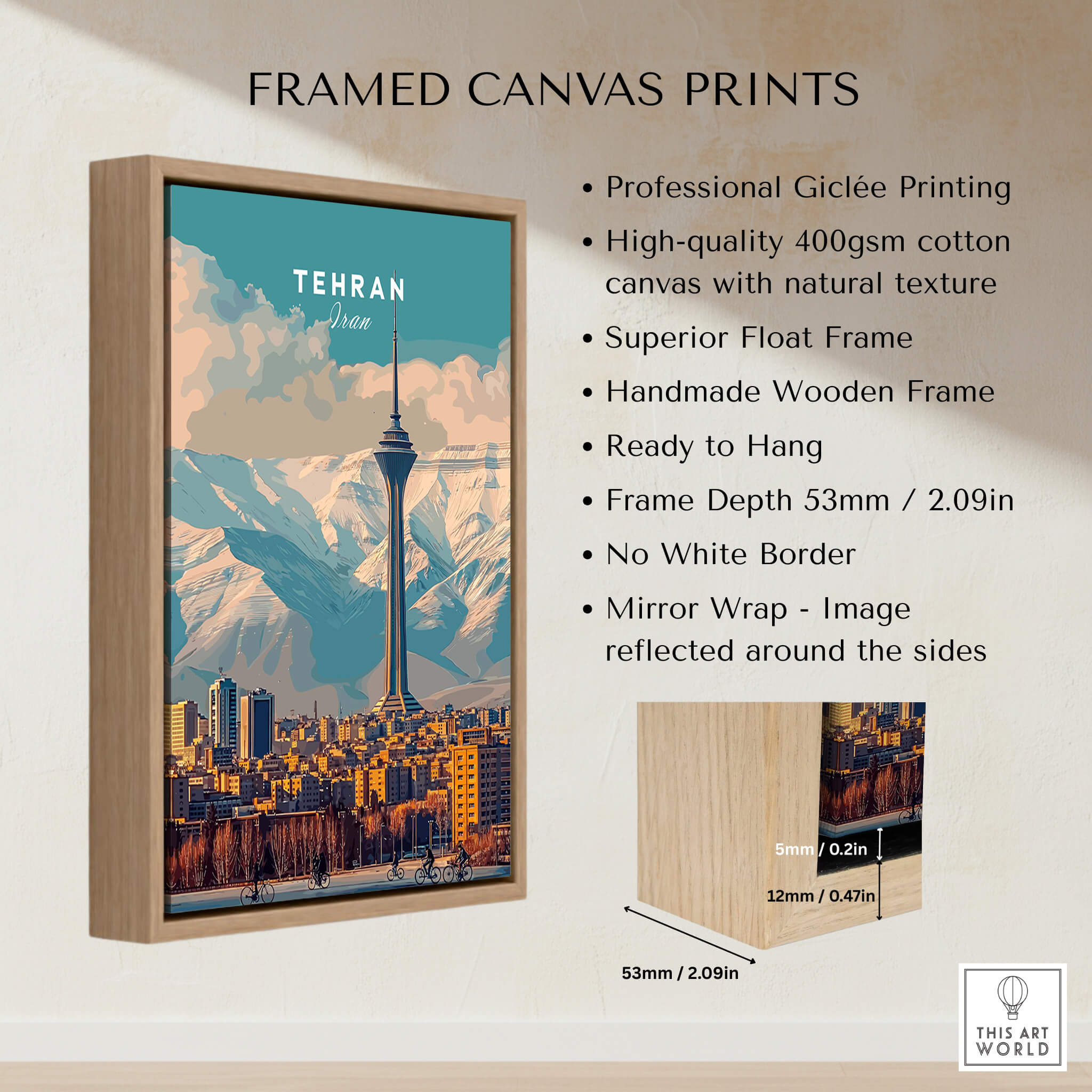 Tehran Wall Art Print | Milad Tower Cityscape Travel Poster displayed in a framed canvas print with wooden frame