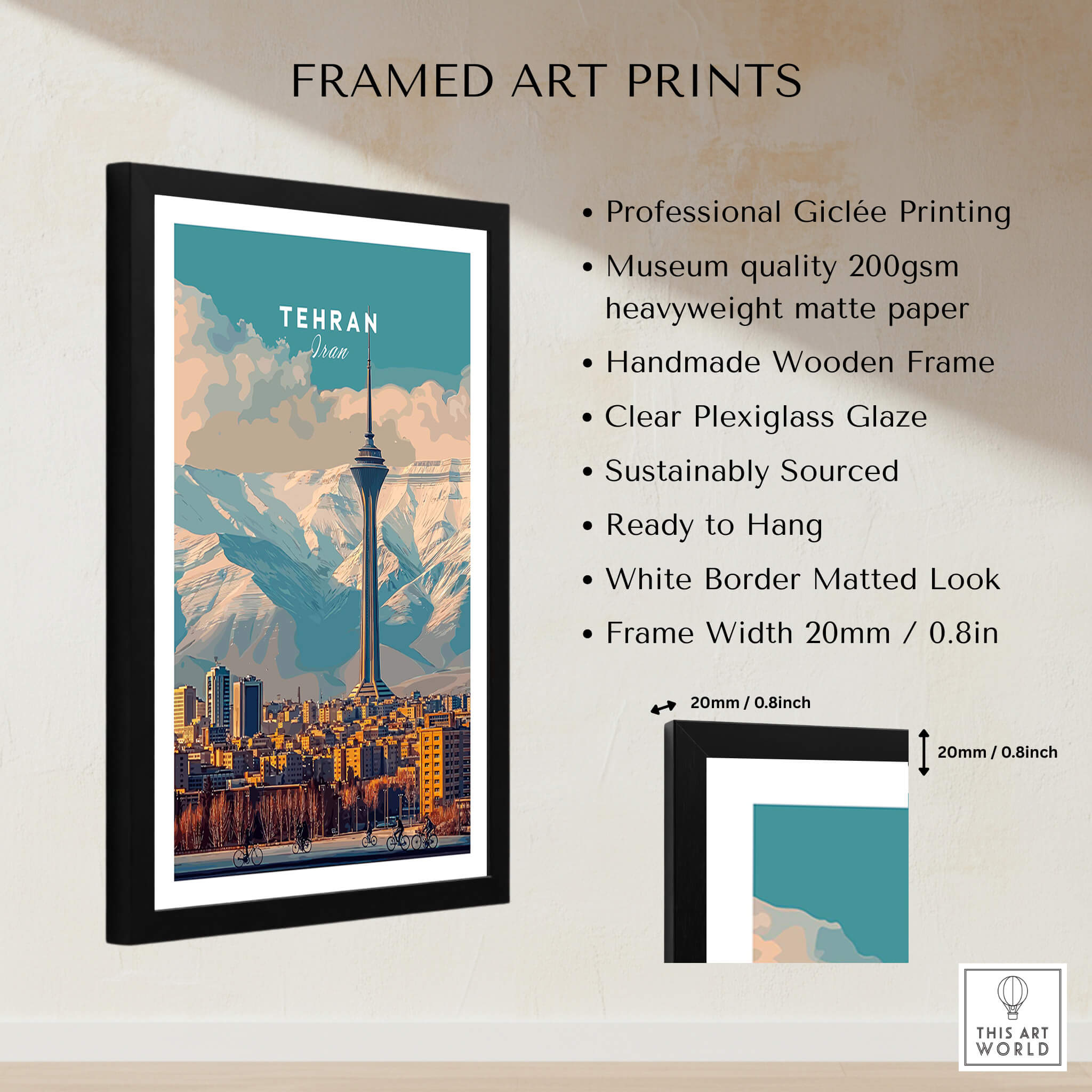Tehran Wall Art Print | Milad Tower Cityscape Travel Poster framed art print showcasing modern skyline decor.