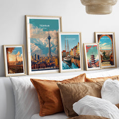 Tehran Wall Art Print | Milad Tower Cityscape Travel Poster displayed in stylish frames on a cozy sofa.