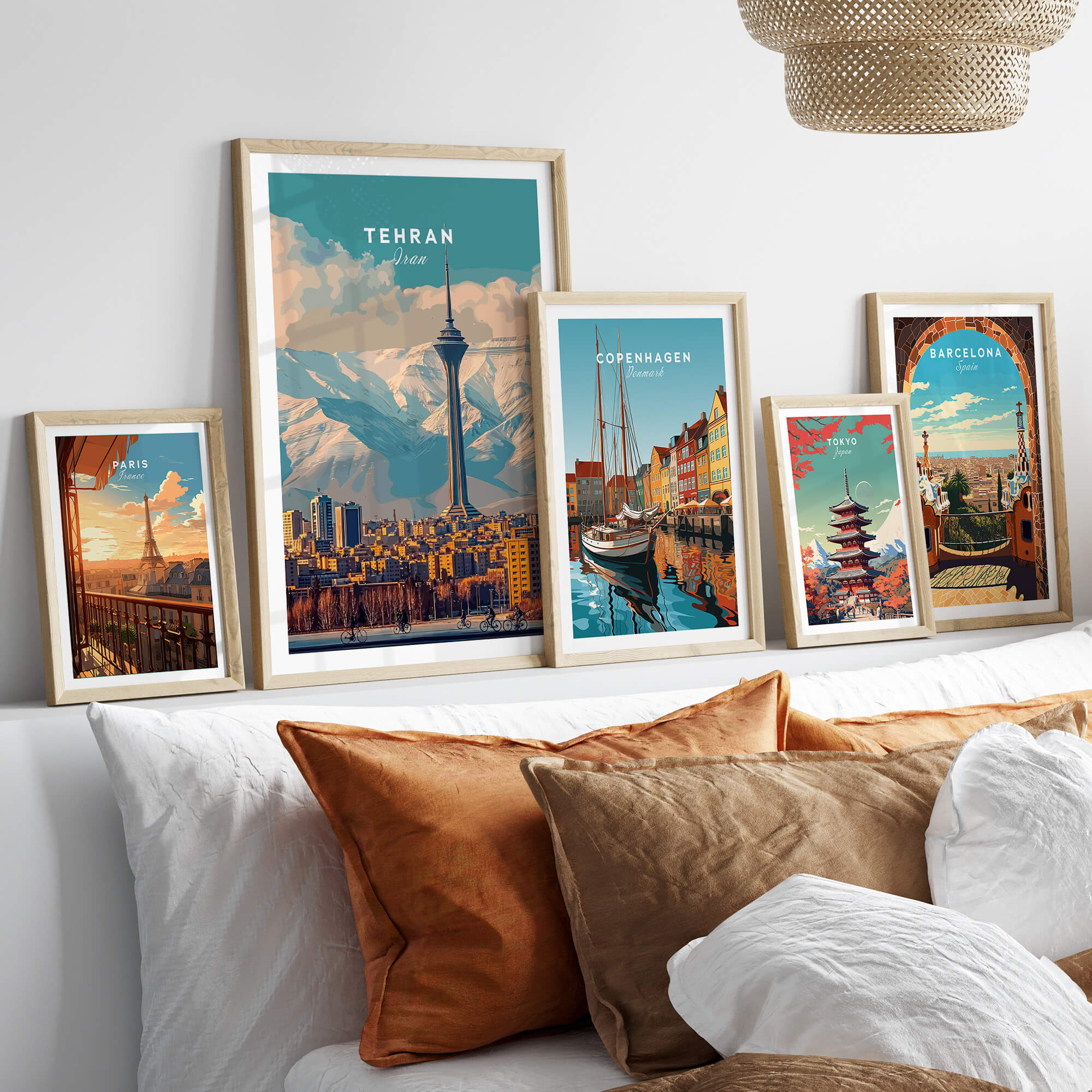 Tehran Wall Art Print | Milad Tower Cityscape Travel Poster displayed in stylish frames on a cozy sofa.