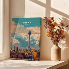Tehran Wall Art Print | Milad Tower Cityscape Travel Poster displayed next to flowers in a vase