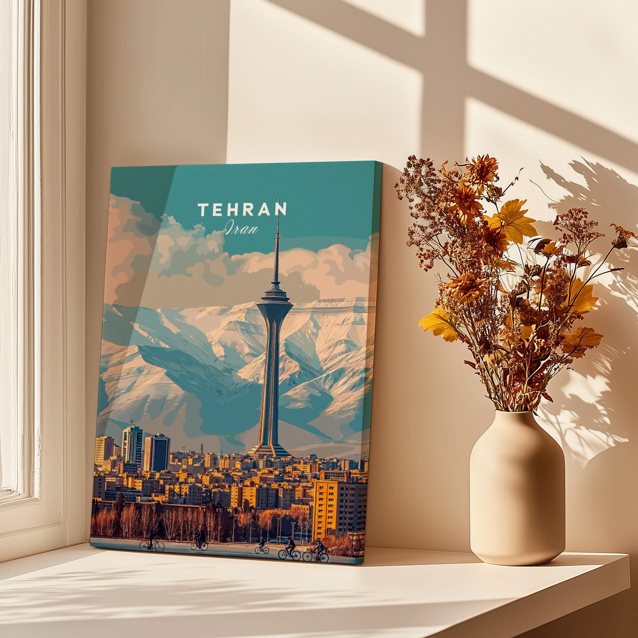 Tehran Wall Art Print | Milad Tower Cityscape Travel Poster displayed next to flowers in a vase