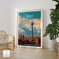 Tehran Wall Art Print | Milad Tower Cityscape Travel Poster featuring Milad Tower and mountains in the background.