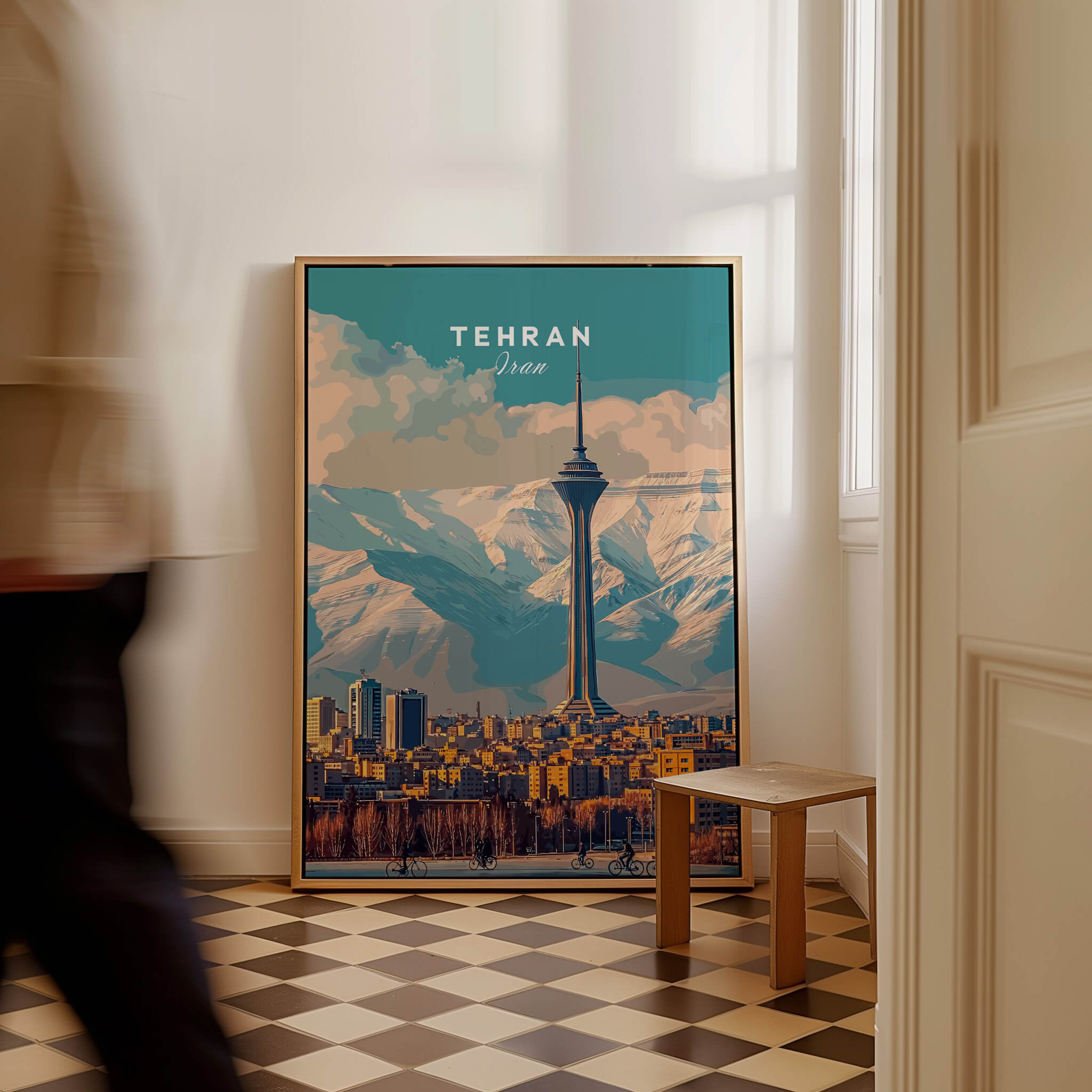 Tehran Wall Art Print | Milad Tower Cityscape Travel Poster featuring Milad Tower and mountain backdrop.