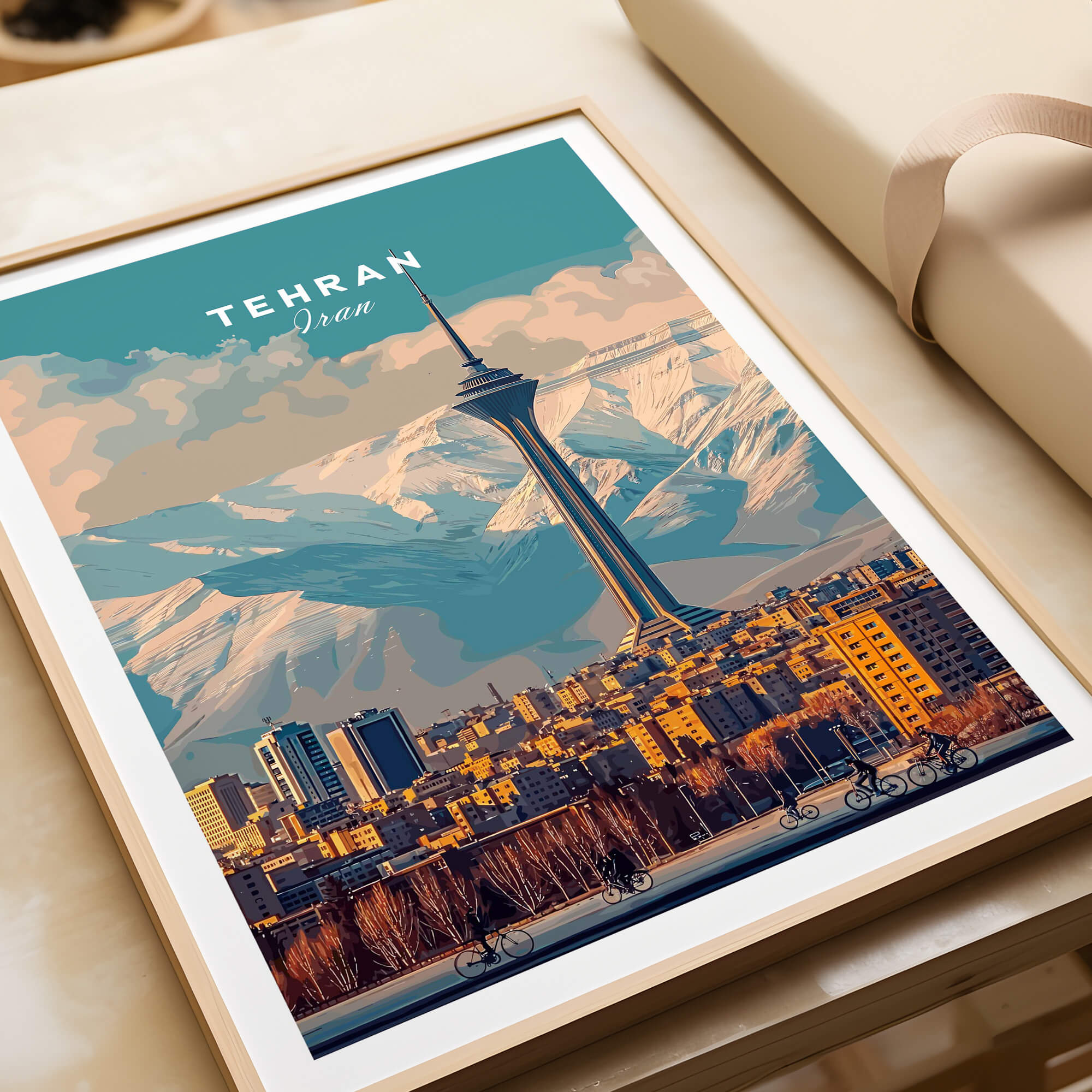 Tehran Wall Art Print | Milad Tower Cityscape Travel Poster featuring the Milad Tower and city skyline.