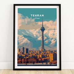 Tehran Wall Art Print | Milad Tower Cityscape Travel Poster showcasing Milad Tower against a stunning mountain backdrop.