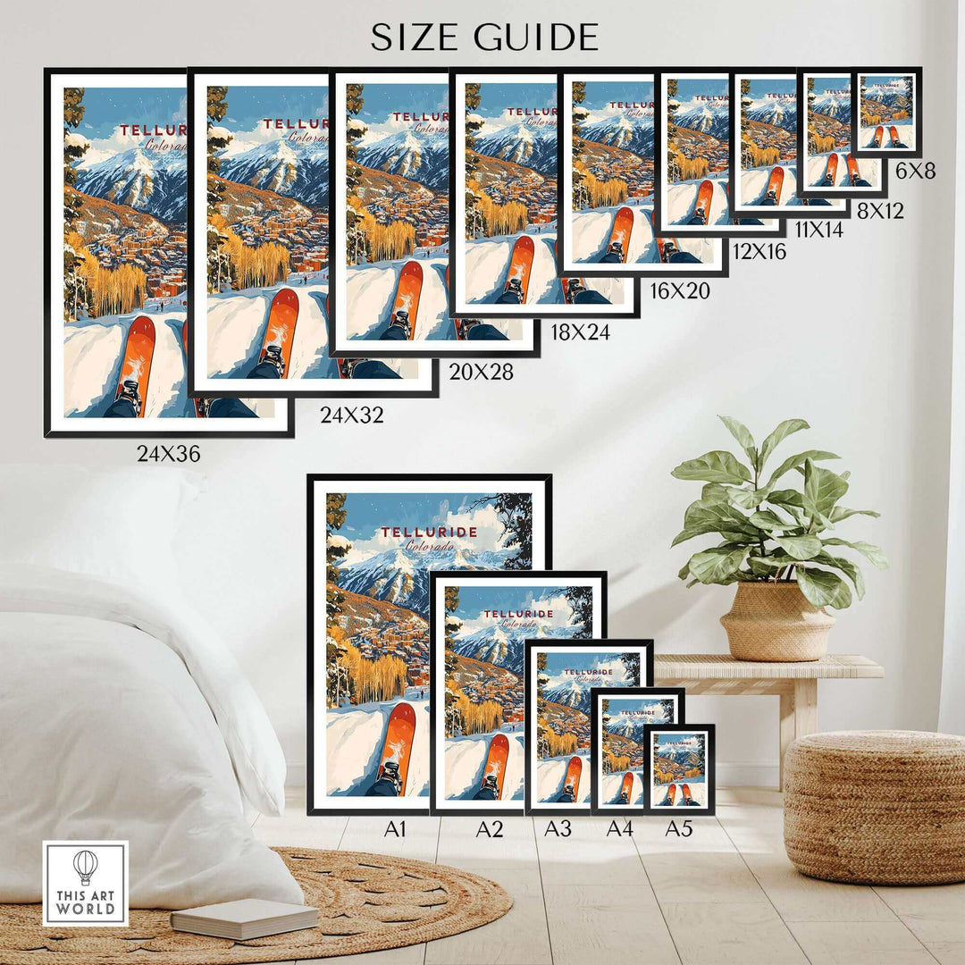 Telluride ski poster size guide showcasing various dimensions from 6x8 to 24x36, displayed in a stylish interior setting.