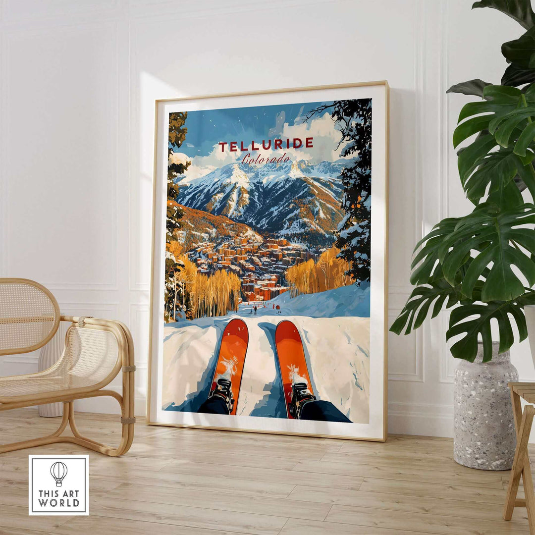 Vintage Telluride Ski Poster featuring snowy mountains and skis, perfect for ski enthusiasts and home decor.