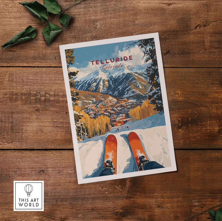 Telluride ski poster featuring snowy mountain landscape and skier's view, ideal for ski enthusiasts and winter sports decor.