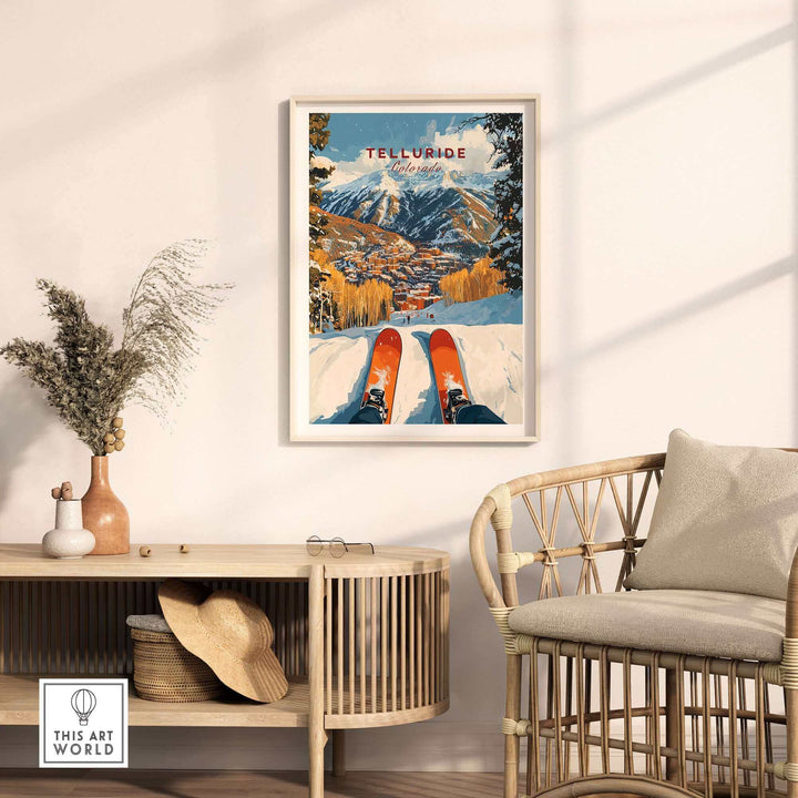 Telluride ski poster in stylish living room setting, features skis overlooking mountain landscape. Perfect decor for ski enthusiasts.