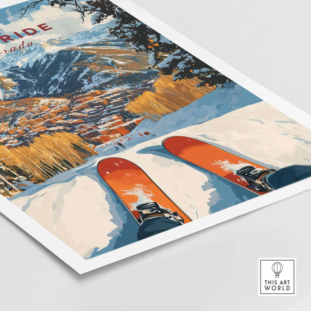 Telluride Ski Poster featuring vibrant skiing scene with mountains and village view, perfect for winter sports enthusiasts.