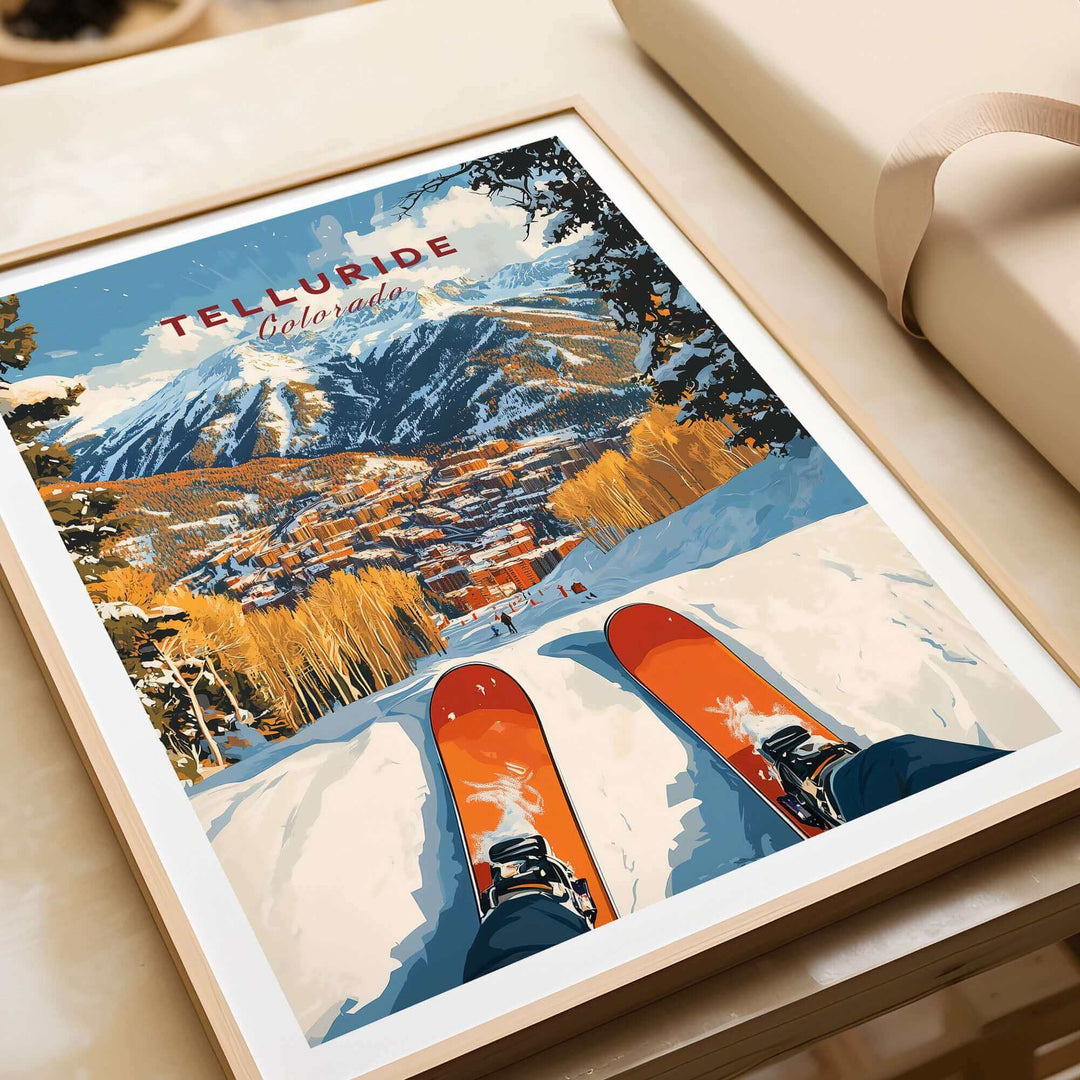 Vintage Telluride Ski Poster featuring skis, snow-covered mountains, and colorful landscape in a wooden frame.