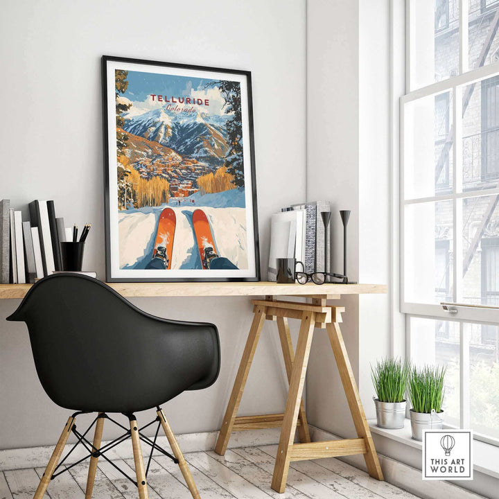 Vintage Telluride Ski Poster displayed in modern room setting with a scenic mountain view.