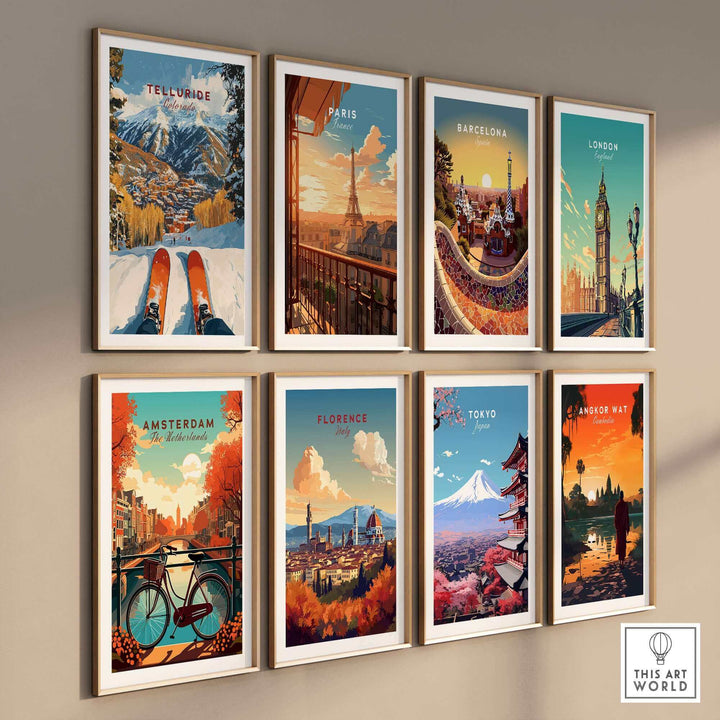 Collection of travel posters featuring Telluride ski poster among other world destinations, showcasing vibrant illustrations.