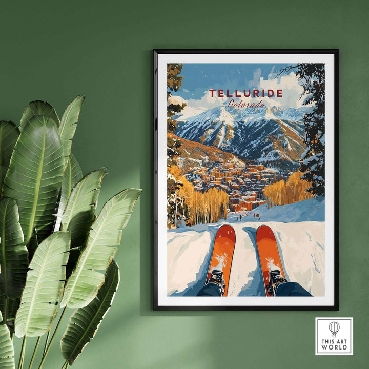 Telluride ski poster featuring scenic mountain view with skier's perspective, vibrant artwork for ski enthusiasts and home decor.