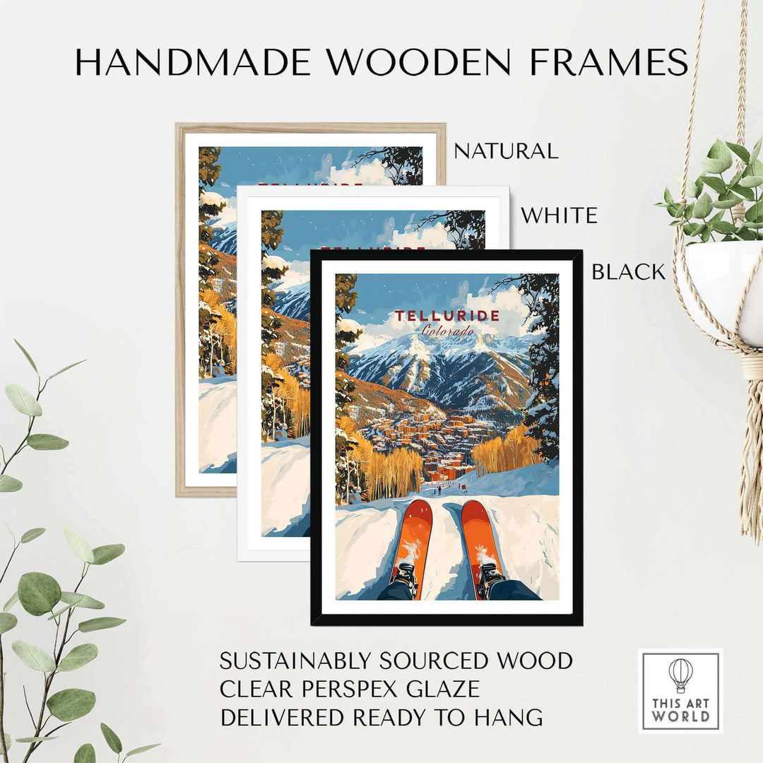 Telluride Ski Poster in handmade wooden frames, available in natural, white, and black. Sustainable wood and ready to hang.